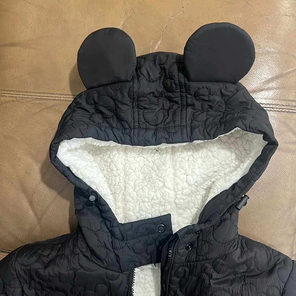 Disney Parks Mickey Ears Puffer Jacket Quilted Black Fleece Lined Hooded